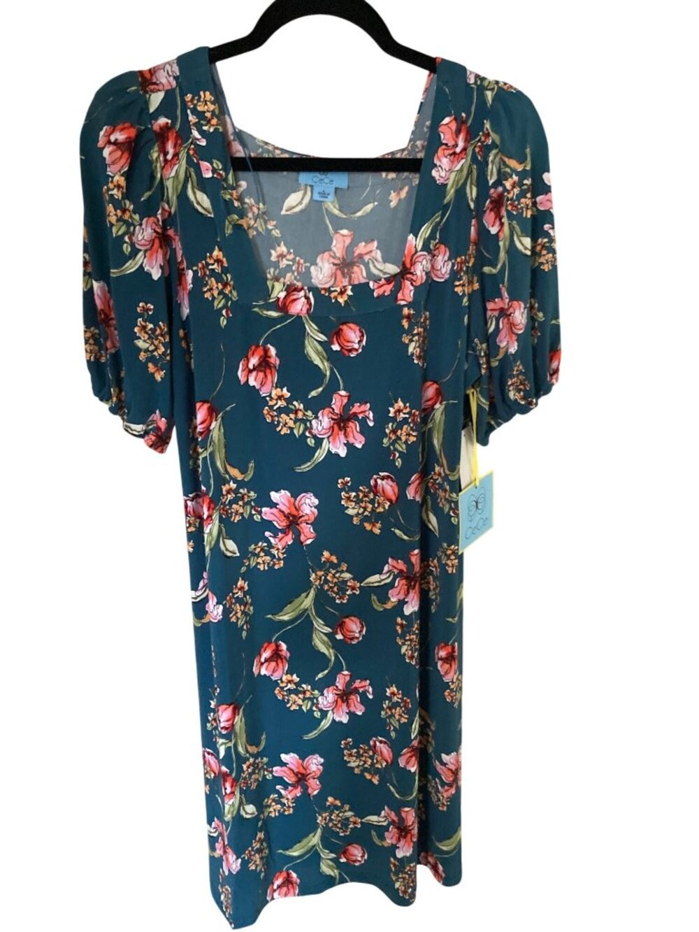 CeCe Floral V-Neck Short Flutter-Sleeve Dress Women's L Mallard Blue Large NWT